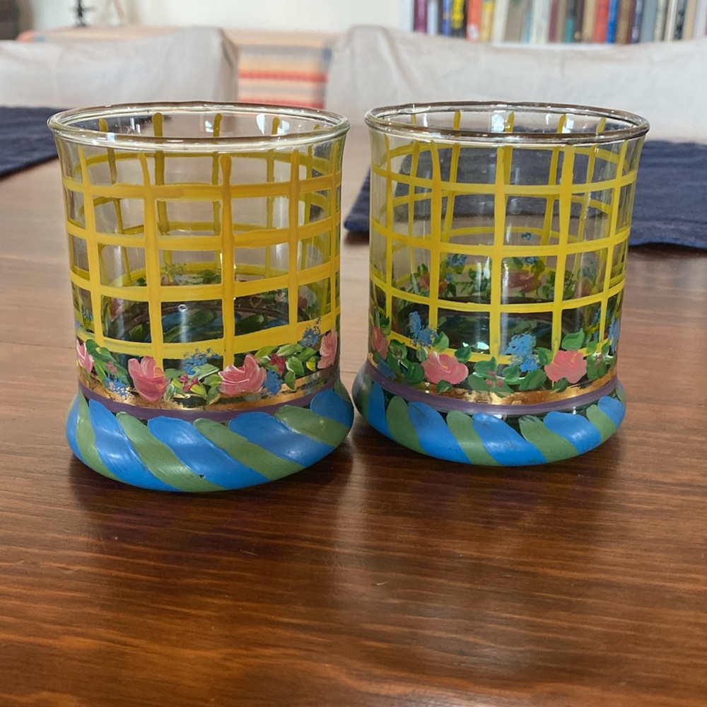 Two - 2 MacKenzie Childs Vintage Circus Yellow Lattice Tumblers.